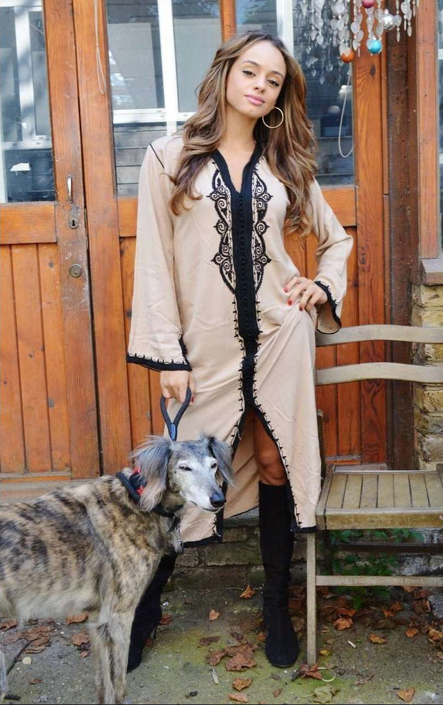Beige with Black Embroidery  Kaftan Maxi Dress -Amira Style - Maison De Marrakech