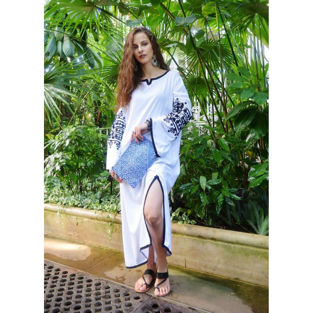 White Zina Kaftan- Moroccan Kaftan, maxi dress, beach cover ups, beach dress, plus size - Maison De Marrakech