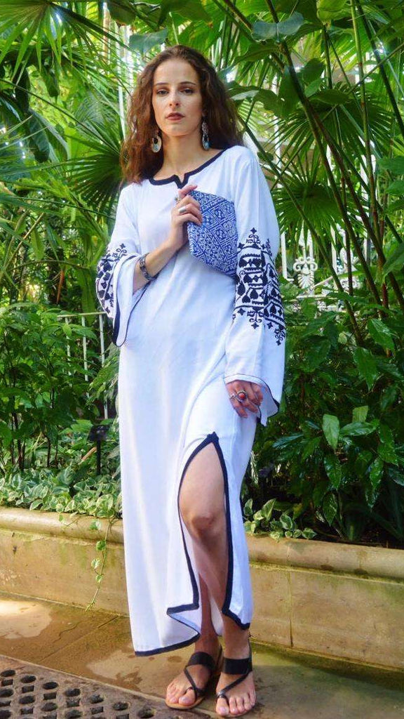 White Zina Kaftan- Moroccan Kaftan, maxi dress, beach cover ups, beach dress, plus size - Maison De Marrakech
