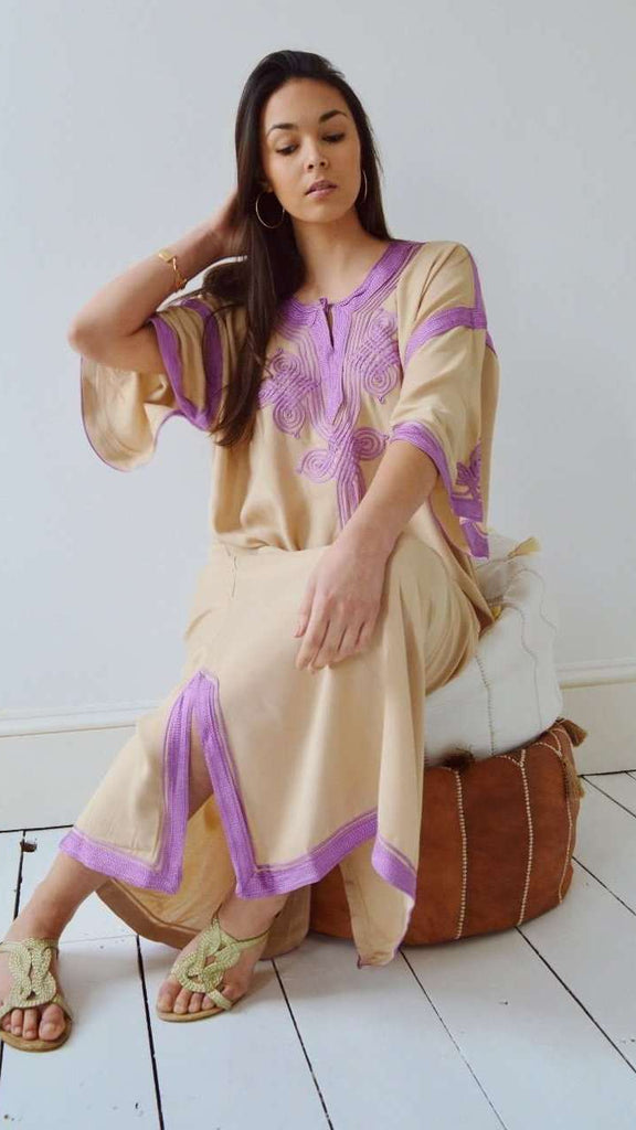 Beige with Lilac Caftan Kaftan Aziza Maxi Dress-moroccan kaftan - Maison De Marrakech