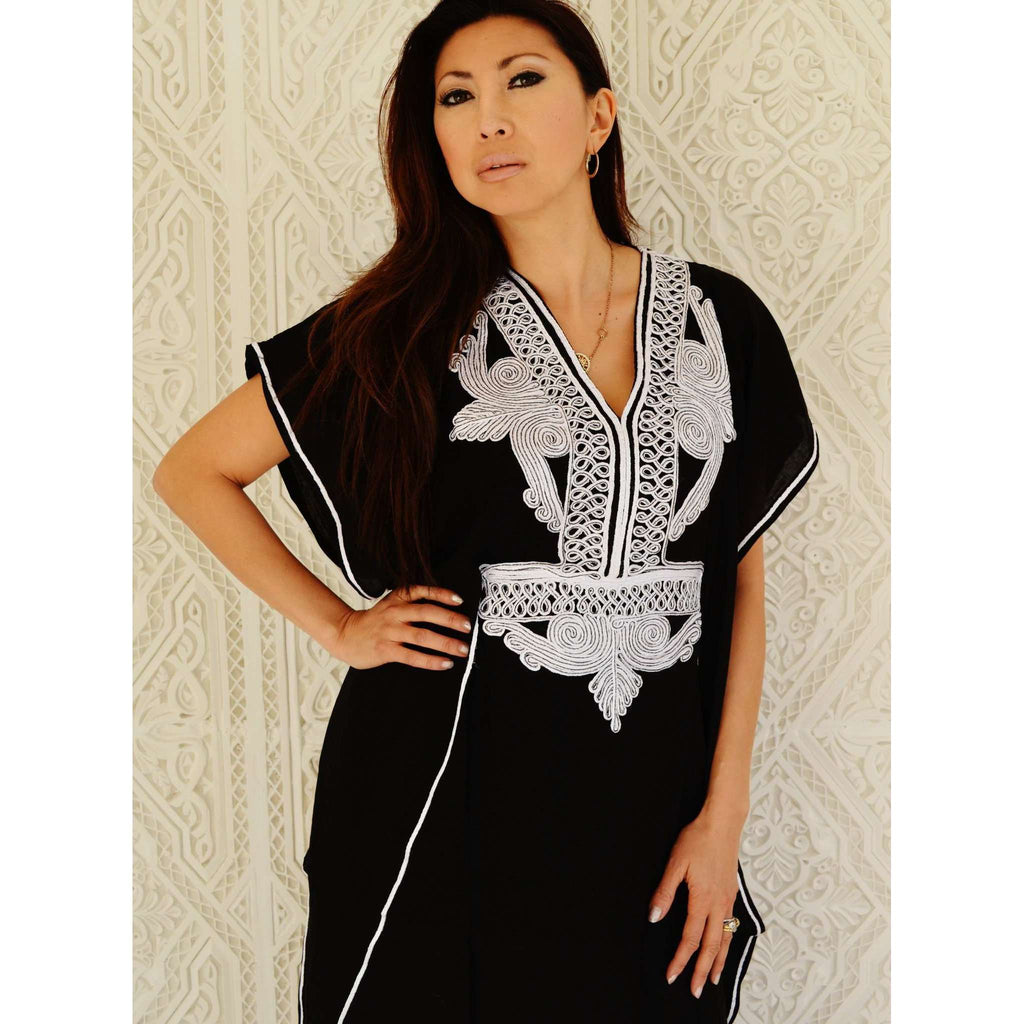 Black with White Embroidery Marrakech Resort Kaftan - Maison De Marrakech