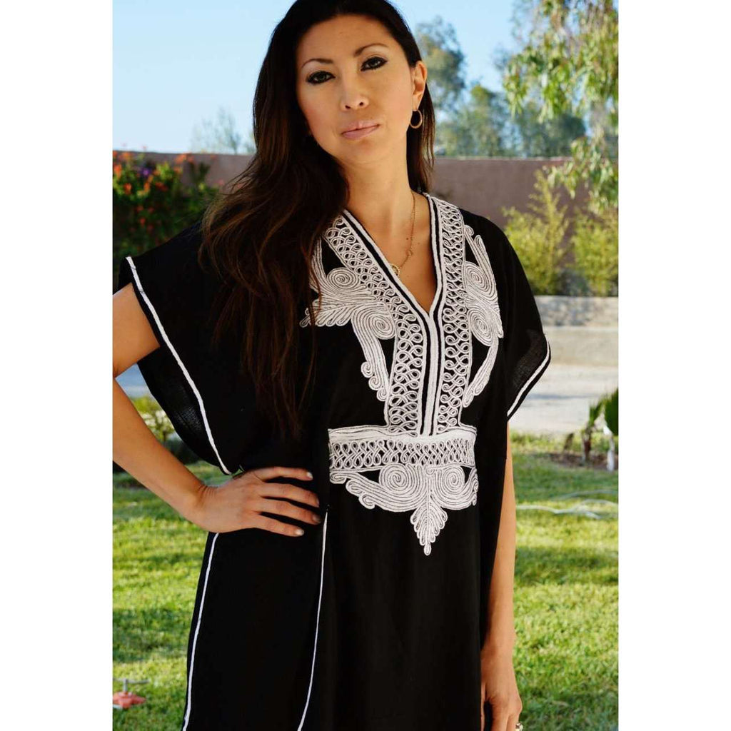 Black with White Embroidery Marrakech Resort Kaftan - Maison De Marrakech