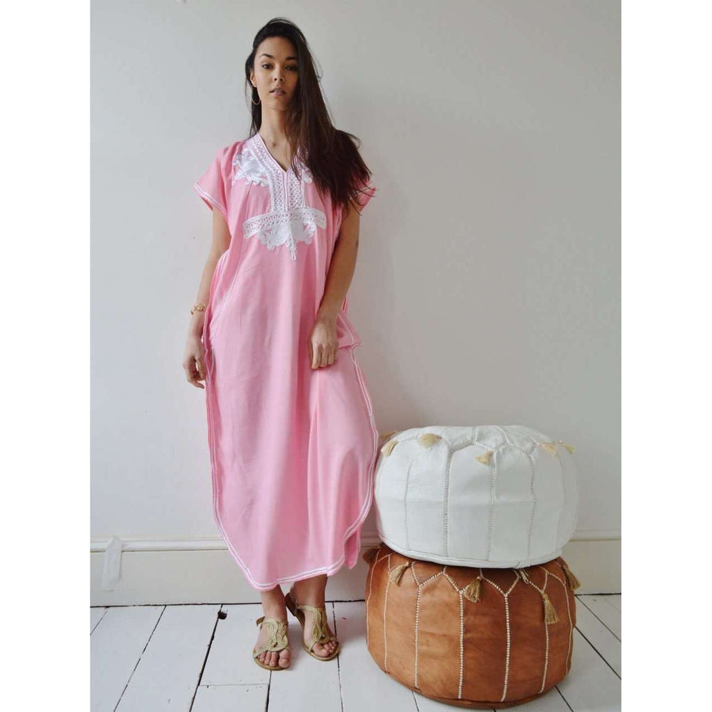 New Pink Marrakech Resort Lounge Wear Caftan Kaftan with White Embroidery-Moroccan Kaftan - Maison De Marrakech