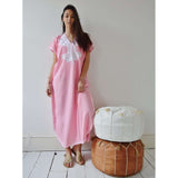 New Pink Marrakech Resort Lounge Wear Caftan Kaftan with White Embroidery-Moroccan Kaftan - Maison De Marrakech