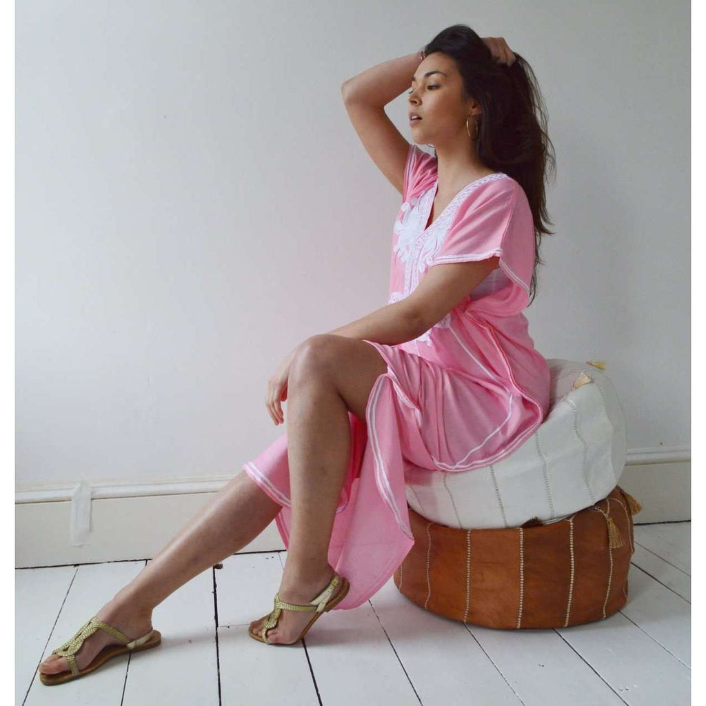 New Pink Marrakech Resort Lounge Wear Caftan Kaftan with White Embroidery-Moroccan Kaftan - Maison De Marrakech