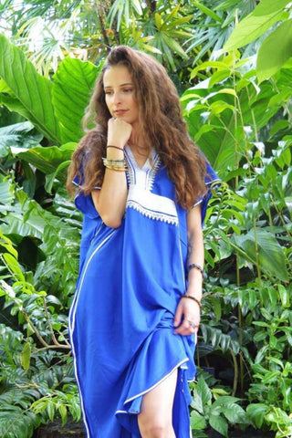 Turquoise Blue Marrakech Resort Lounge Wear Caftan Kaftan with White Embroidery-Moroccan Kaftan