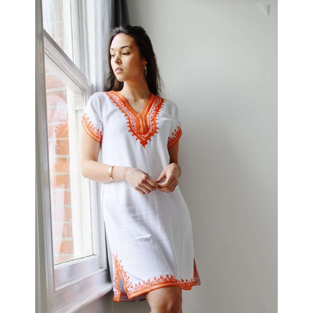White with Orange Embroidery Tunic Dress-Moroccan Dress - Maison De Marrakech