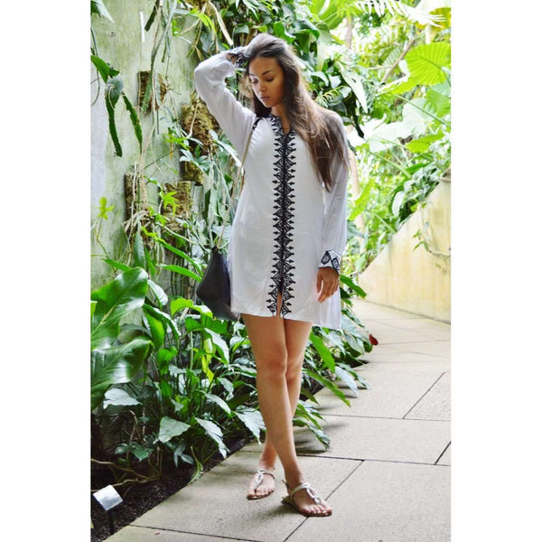 White Moroccan Embroidery Tunic Dress-Moroccan Dress White Moroccan Embroidery Tunic Dress-Moroccan Dress - Maison De Marrakech