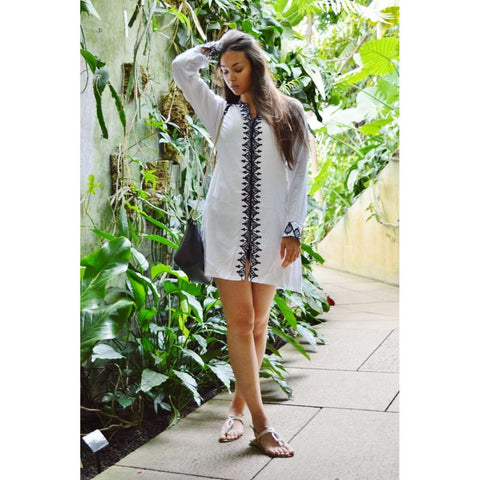 White Diamond Pattern Carla Embroidery Tunic Dress-Moroccan Dress