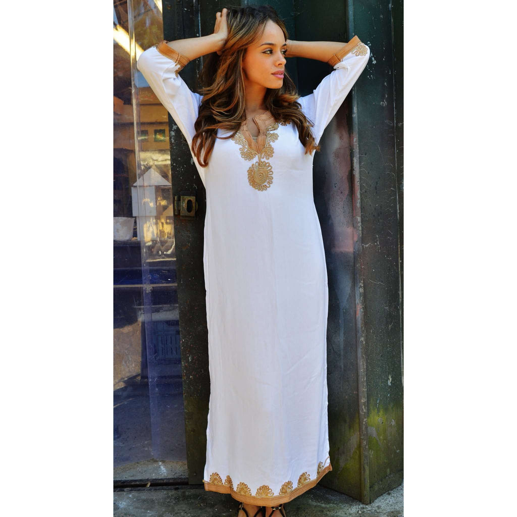 White Marrakech Kaftan with Dark Golden Embroidery Kalina Style-Long Kaftan - Maison De Marrakech