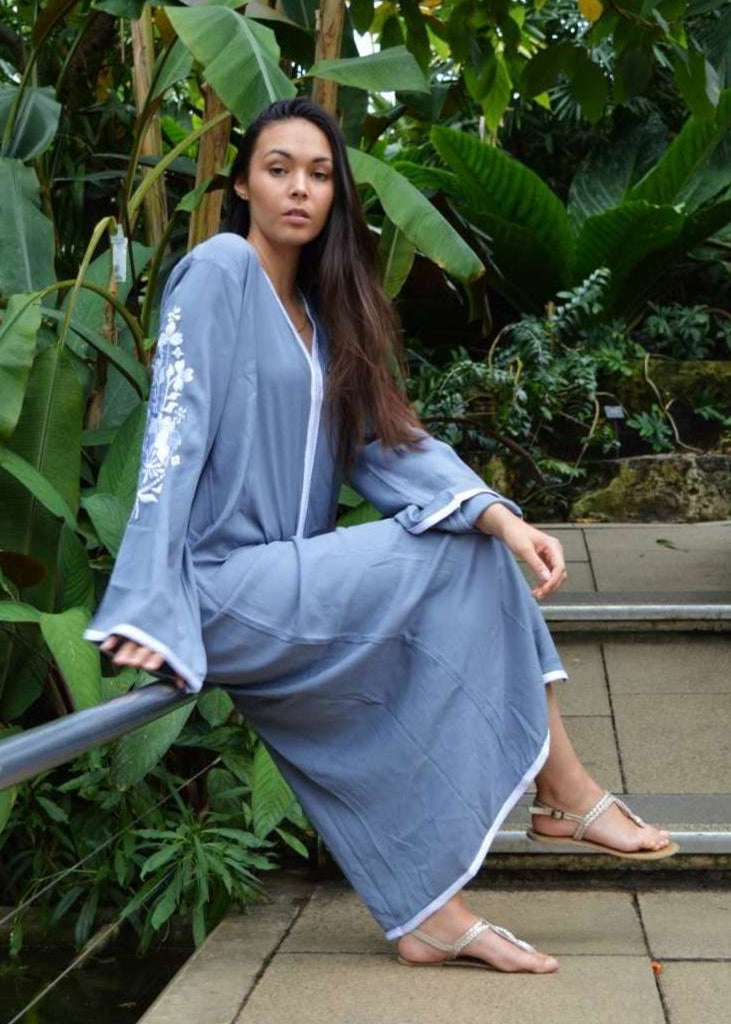 Grey Floral Moroccan Embroidery Kaftan Caftan- Rose - Maison De Marrakech