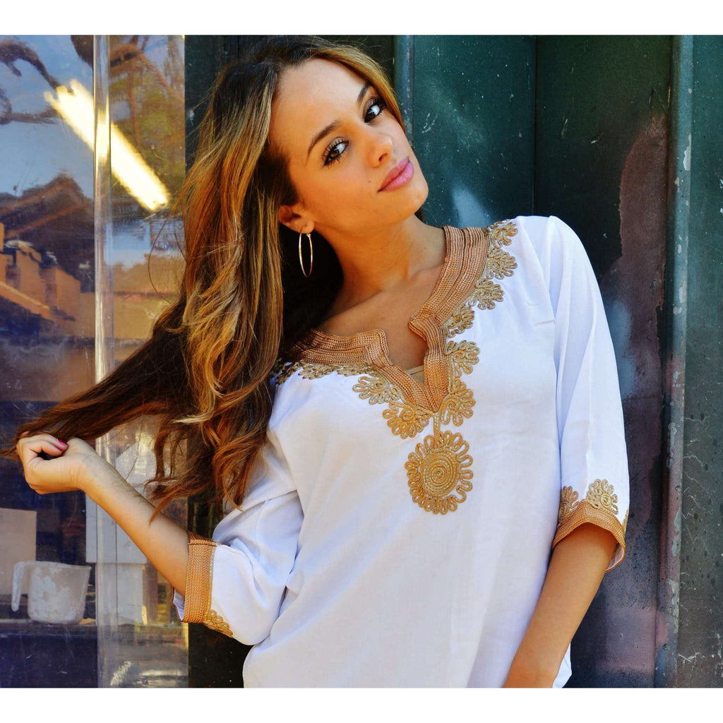 White Marrakech Kaftan with Dark Golden Embroidery Kalina Style-Long Kaftan - Maison De Marrakech