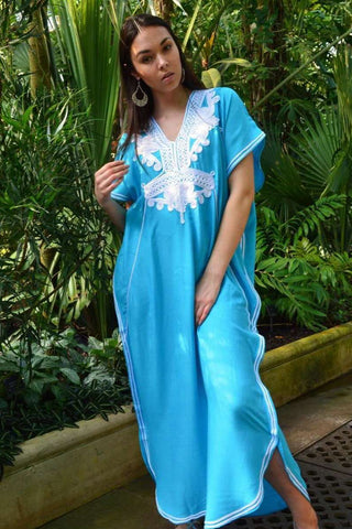 New Pink Marrakech Resort Lounge Wear Caftan Kaftan with White Embroidery-Moroccan Kaftan