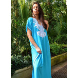 Turquoise Blue Marrakech Resort Lounge Wear Caftan Kaftan with White Embroidery-Moroccan Kaftan - Maison De Marrakech