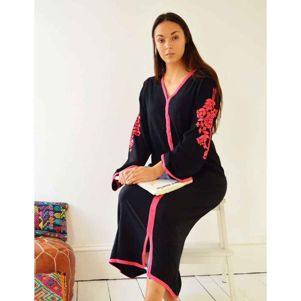 Black Floral Moroccan Embroidery Kaftan- Rose - Maison De Marrakech