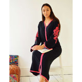 Black Floral Moroccan Embroidery Kaftan- Rose - Maison De Marrakech