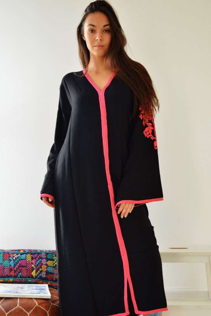 Black Floral Moroccan Embroidery Kaftan- Rose - Maison De Marrakech