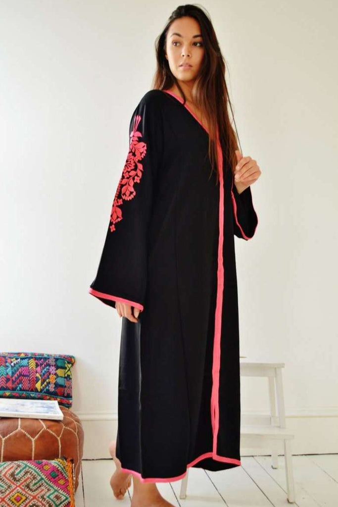 Black Floral Moroccan Embroidery Kaftan- Rose - Maison De Marrakech