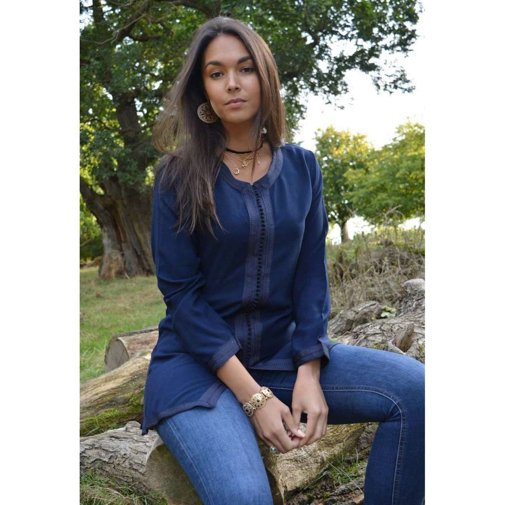 Autumn New Navy Blue Magrib Moroccan Embroidery Shirt Tunic - Maison De Marrakech