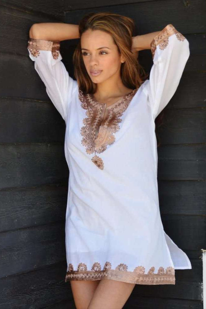 White Tunic with Dark Golden Embroidery Kalina Style- Moroccan Tunic - Maison De Marrakech