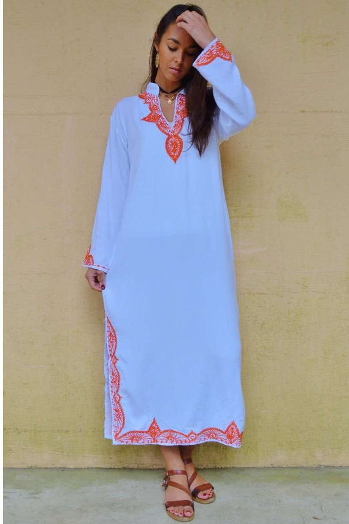 White Orange Kaftan Melik Style - Moroccan Kaftan - Maison De Marrakech