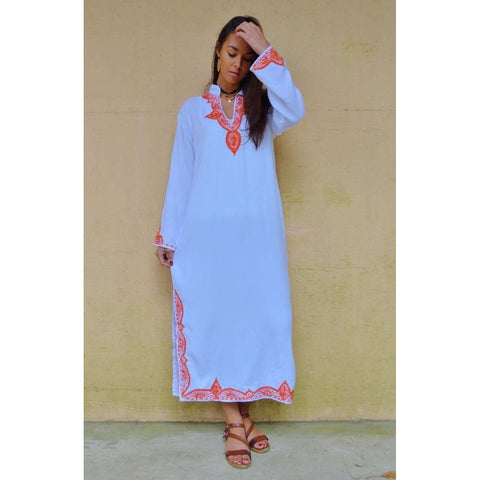 Black & White Rabat Hand Embroidered Moroccan Tunic Dress-Moroccan Dress, Lounge wear