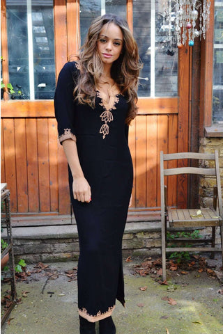 Black & White Rabat Hand Embroidered Moroccan Tunic Dress-Moroccan Dress, Lounge wear