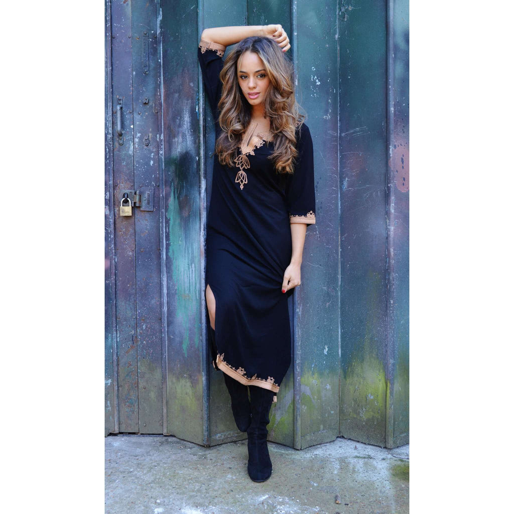 Black Marrakech Kaftan with Dark Golden Embroidery Kalina Style-Long Kaftan - Maison De Marrakech