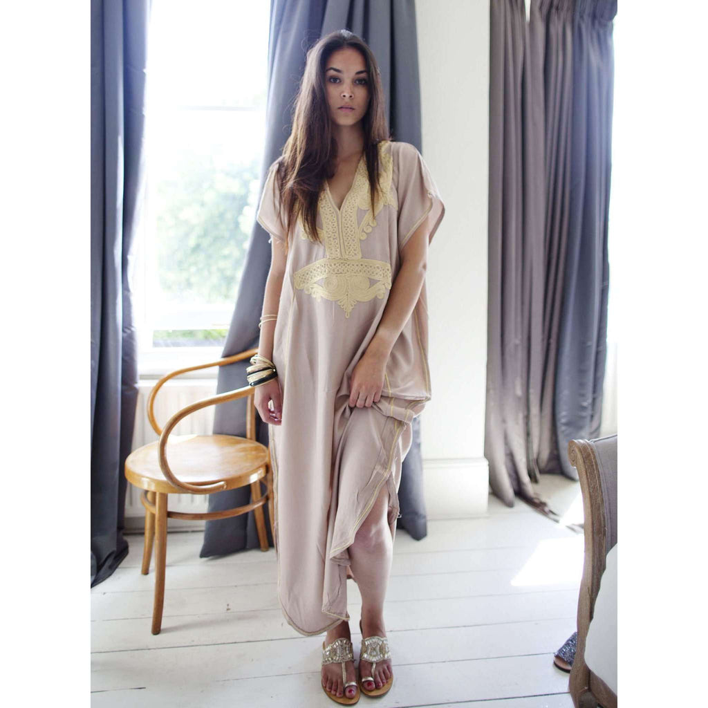 Beige Marrakech Resort Lounge Wear Caftan Kaftan with Gold Embroidery - Maison De Marrakech