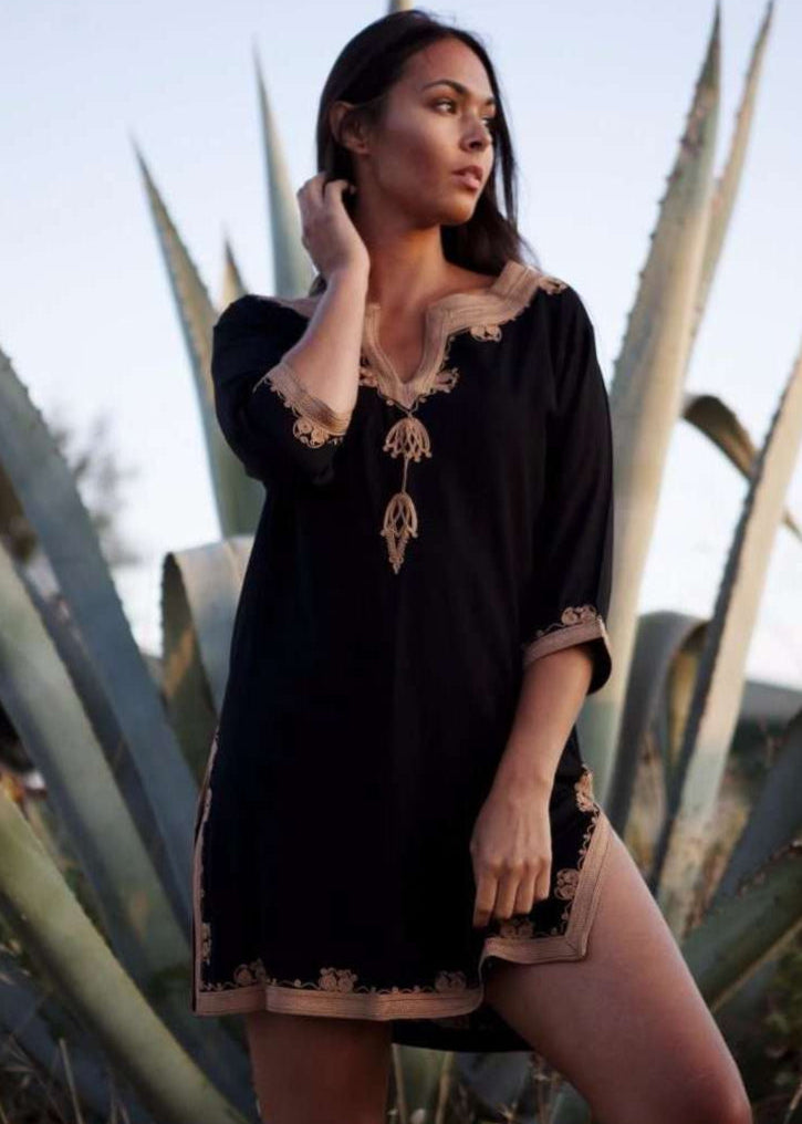 Black Tunic with Dark Golden Moroccan Embroidery- Kalina Style Morccan Tunic - Maison De Marrakech
