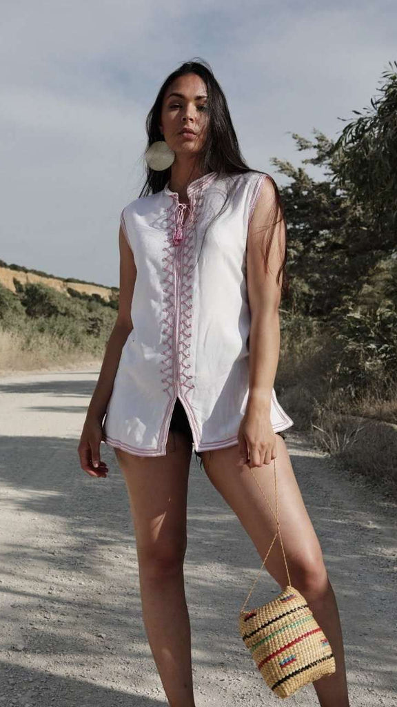 White & Pink Zigzag Embroidery Tunic Shirt- for resort wear, boho wear, beach wear, lounge wear,White & Pink Zigzag Embroidery Tunic Shirt- for resort wear, boho wear, beach wear, lounge wear
