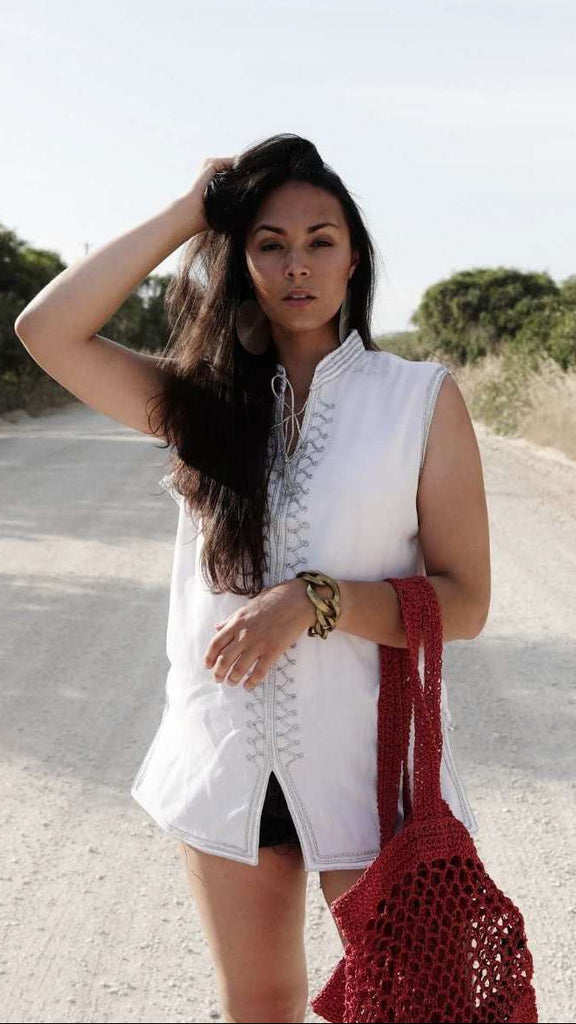 White & Silver Zigzag Embroidery Tunic Shirt- for resort wear, boho wear, beach wear, lounge wear,White & Silver Zigzag Embroidery Tunic Shirt- for resort wear, boho wear, beach wear, lounge wear