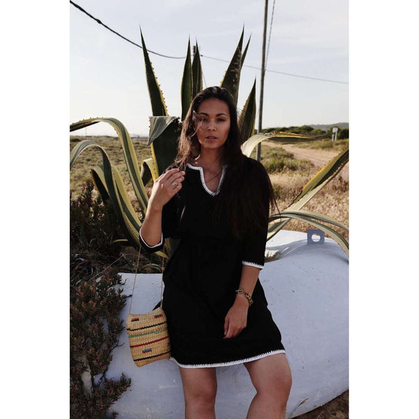 Black & White Rabat Hand Embroidered Moroccan Tunic Dress-Moroccan Dress, Lounge wear Black & White Rabat Tunic Dress-Moroccan Dress, Lounge wear,Black & White Rabat Tunic Dress-Moroccan Dress, Lounge wear