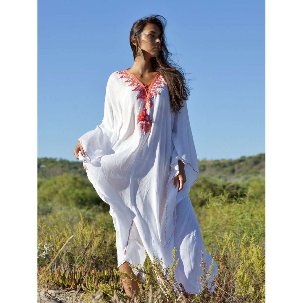 Beach White Neon Orange Embroidery Resort Caftan Kaftan -beach cover ups, beach wedding kaftan - Maison De Marrakech