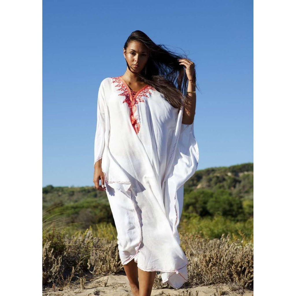 Beach White Neon Orange Embroidery Resort Caftan Kaftan -beach cover ups, beach wedding kaftan - Maison De Marrakech