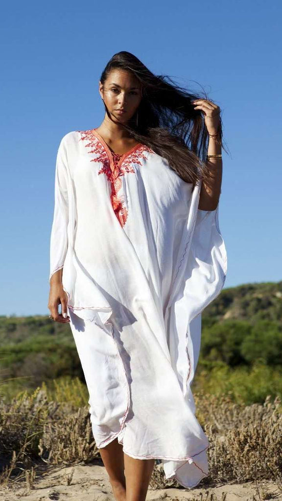 Beach White Neon Orange Embroidery Resort Caftan Kaftan -beach cover ups, beach wedding kaftan - Maison De Marrakech