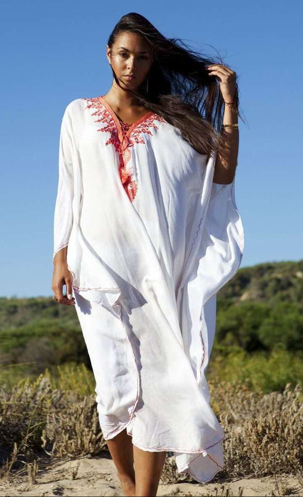 Beach White Neon Orange Embroidery Resort Caftan Kaftan -beach cover ups, beach wedding kaftan - Maison De Marrakech