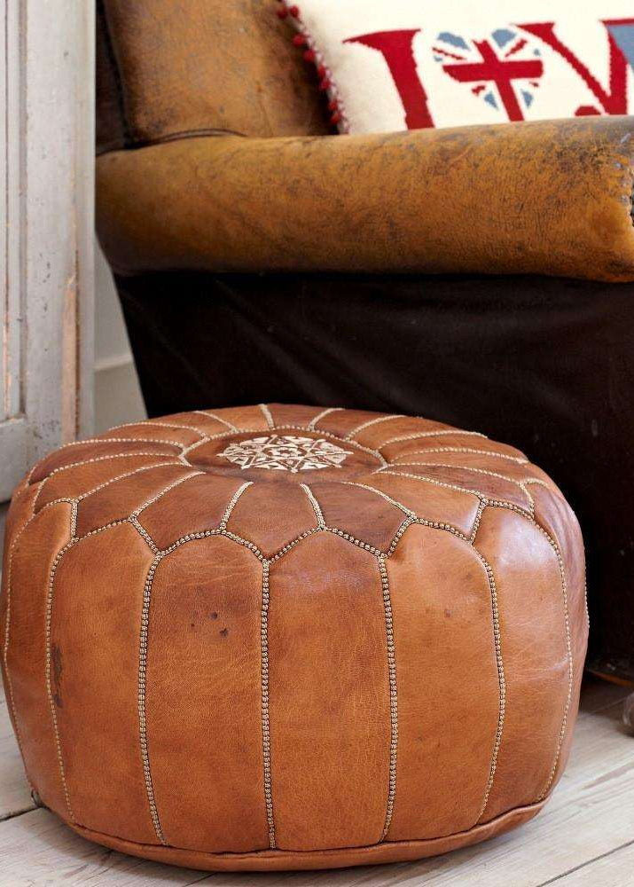 Tan Brown Moroccan Leather Pouf -for Gifts - Maison De Marrakech