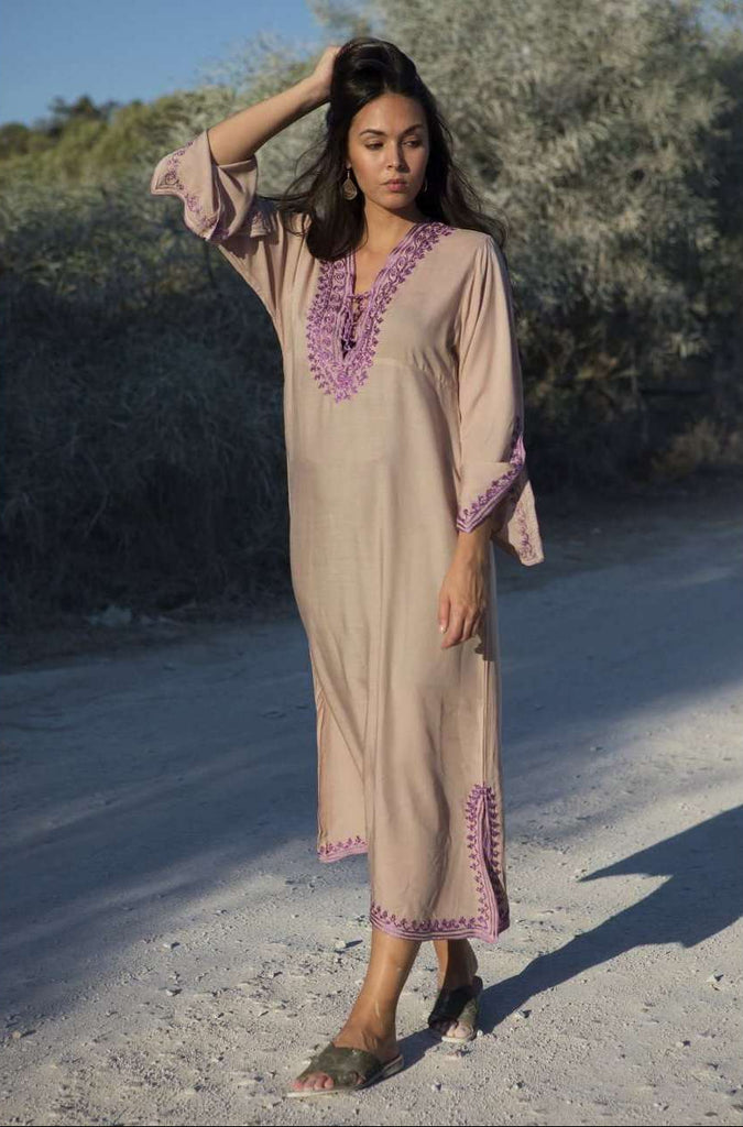 Beige with Lilac Caftan Kaftan Nadia Maxi Dress-moroccan kaftan - Maison De Marrakech