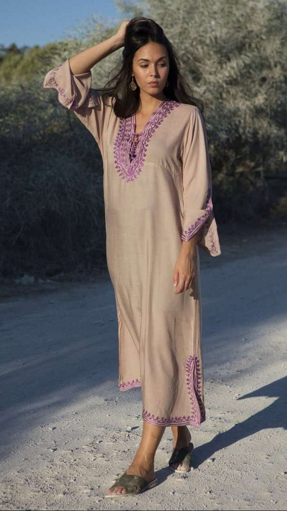 Beige with Lilac Caftan Kaftan Nadia Maxi Dress-moroccan kaftan - Maison De Marrakech