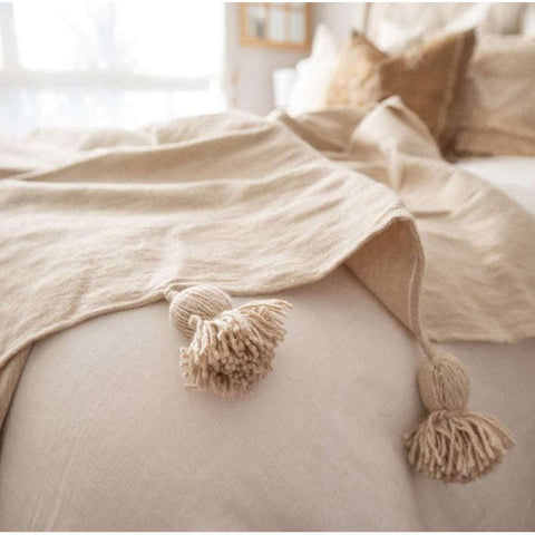 Beige Moroccan Handwoven Bed Cover Blanket Pom Pom,Beige Moroccan Handwoven Bed Cover Blanket Pom Pom