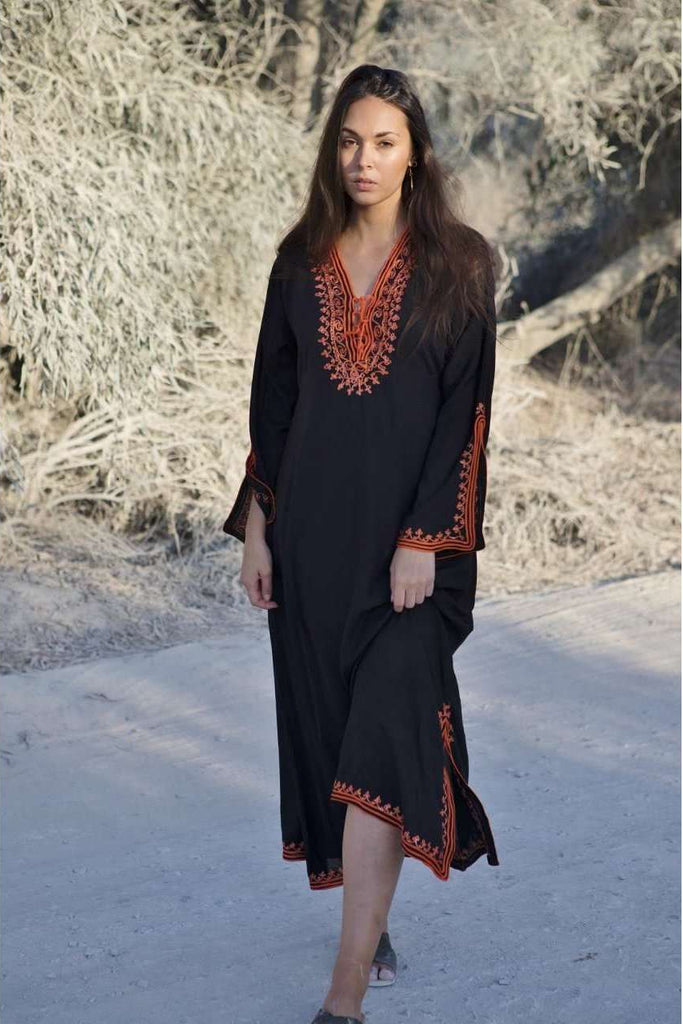Black with Orange Caftan Kaftan Nadia Maxi Dress-moroccan kaftan - Maison De Marrakech