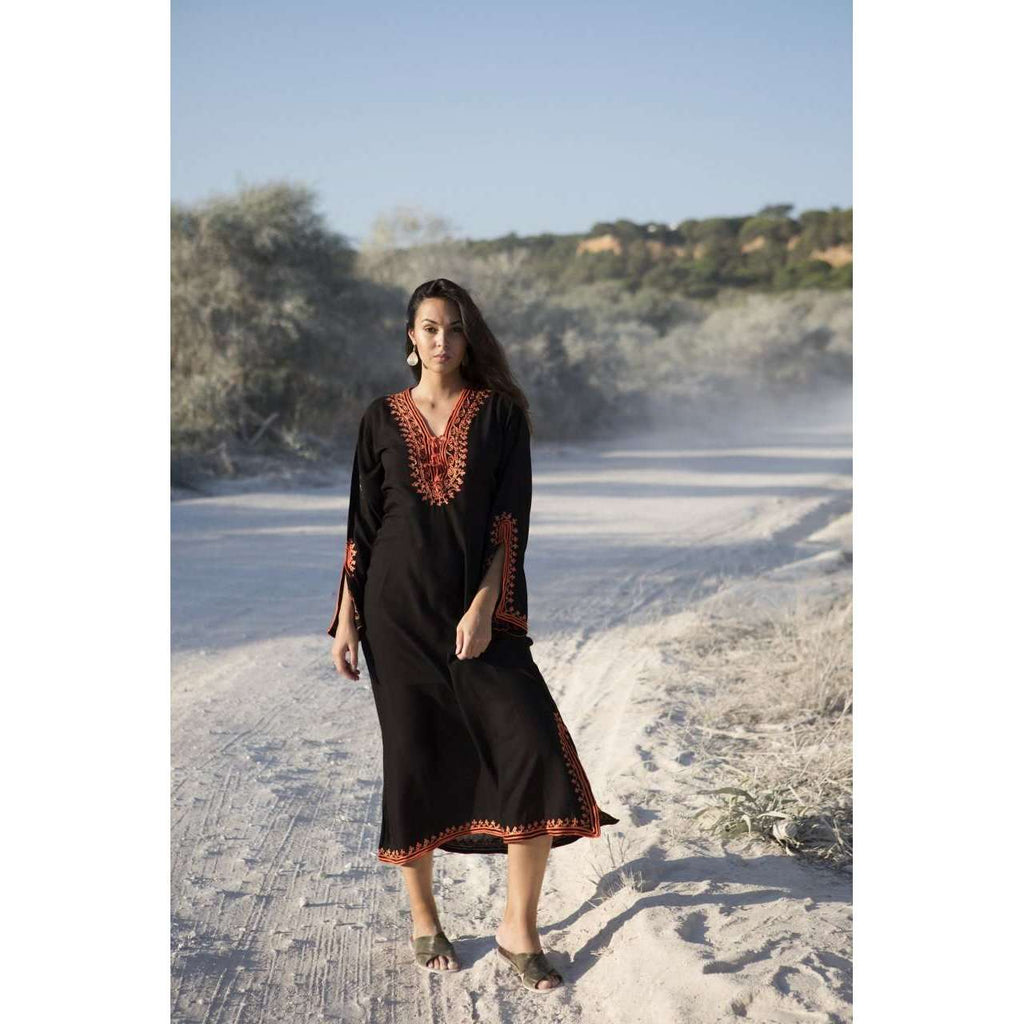 Black with Orange Caftan Kaftan Nadia Maxi Dress-moroccan kaftan - Maison De Marrakech