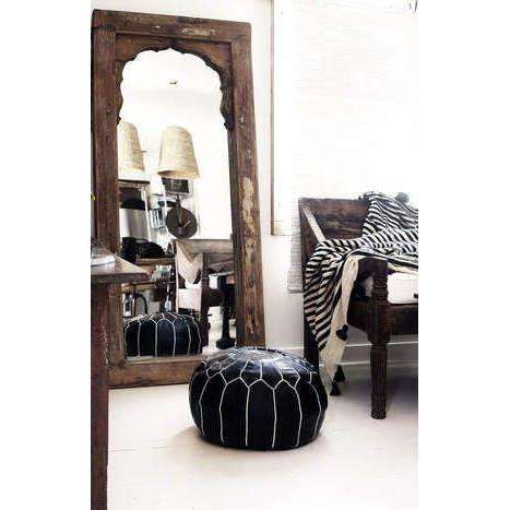 Black with White Moroccan Leather Pouffe Pouf - Maison De Marrakech