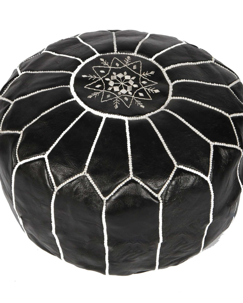 Black with White Moroccan Leather Pouffe Pouf - Maison De Marrakech