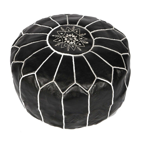 Black with White Moroccan Leather Pouffe Pouf - Maison De Marrakech