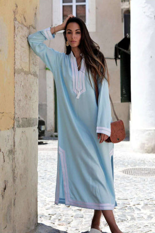 New Pink Marrakech Resort Lounge Wear Caftan Kaftan with White Embroidery-Moroccan Kaftan