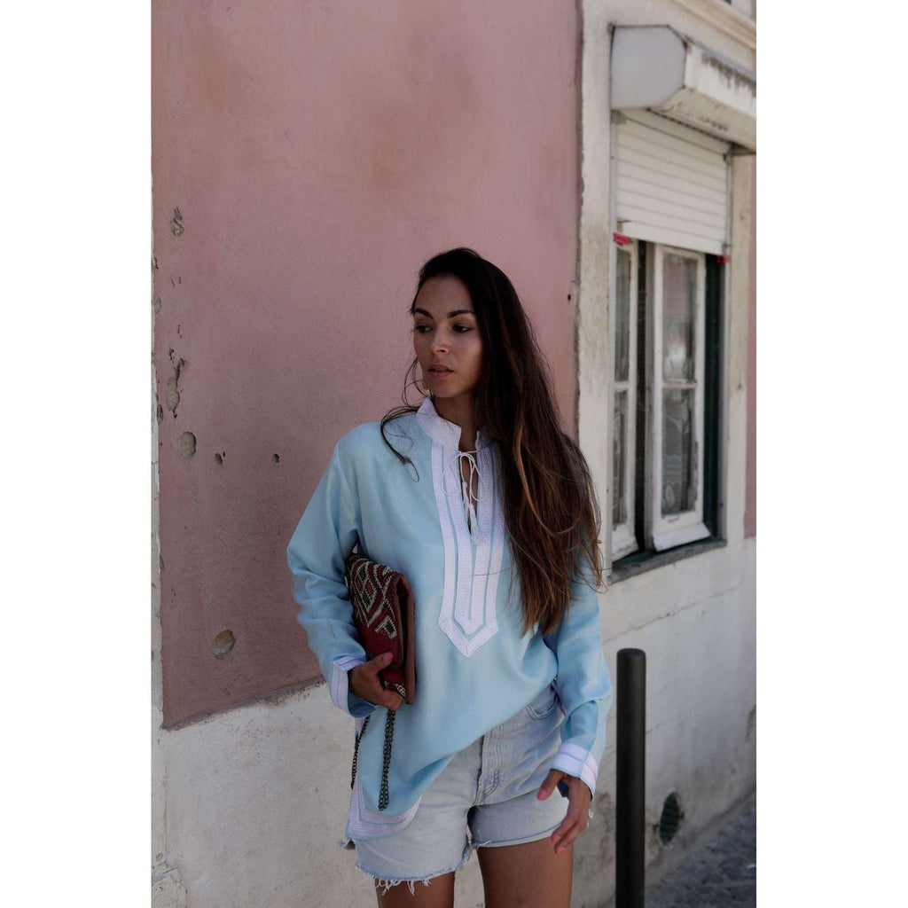 Light Blue Mariam Moroccan Tunic Shirt- Resortwear, Loungewear, Holidaywear, bohemian style tunic,Light Blue Mariam Moroccan Tunic Shirt- Resortwear, Loungewear, Holidaywear, bohemian style tunic