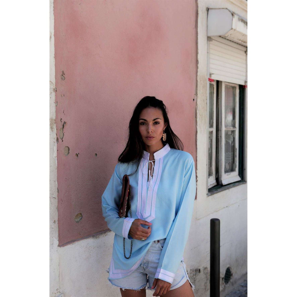 Light Blue Mariam Moroccan Tunic Shirt- Resortwear, Loungewear, Holidaywear, bohemian style tunic,Light Blue Mariam Moroccan Tunic Shirt- Resortwear, Loungewear, Holidaywear, bohemian style tunic