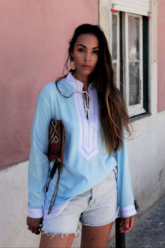 Light Blue Mariam Moroccan Tunic Shirt- Resortwear, Loungewear, Holidaywear, bohemian style tunic,Light Blue Mariam Moroccan Tunic Shirt- Resortwear, Loungewear, Holidaywear, bohemian style tunic